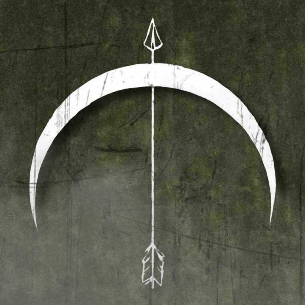 Upward pointing Arrow with a crescent moon acting as a bow crossing it