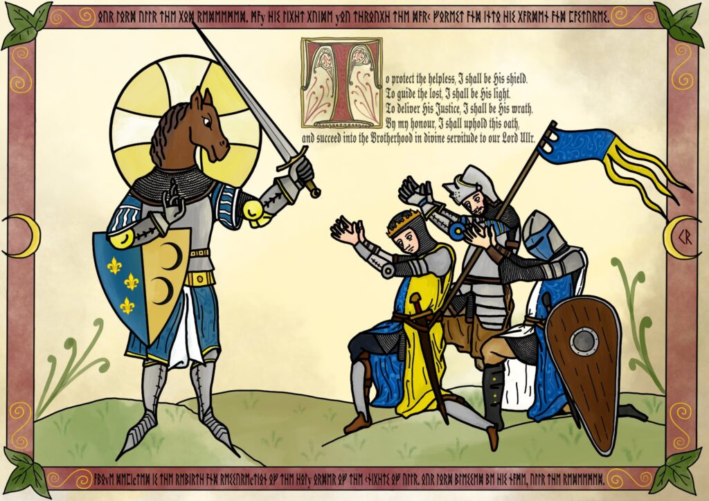 A stylised tapestry inspired image with a horse headed god preaching his word to 3 kneeling knights.